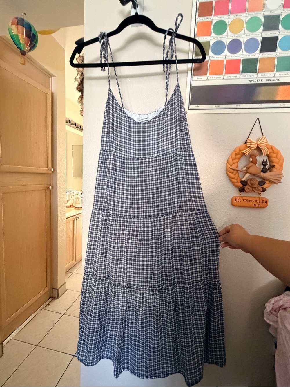Abercrombie & Fitch Blue/Grey Gingham Tie-Strap Tiered Maxi Tent Dress